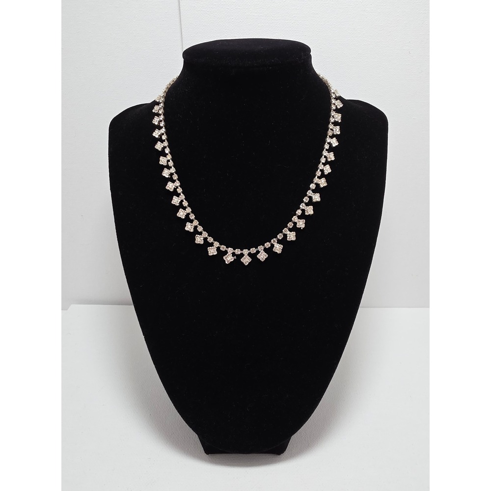 Vintage Art Deco Rhinestone Necklace Choker Silver Tone Dangle Fringe 18 Inch